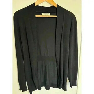 Pointelle Black Open Grandma Cardigan Sweater Buttonless Gathered at Back Size M